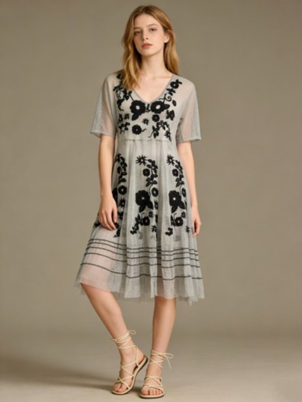 Johnny Was Biya Floral Embroidered Grey Mesh Midi Dress Sz XL